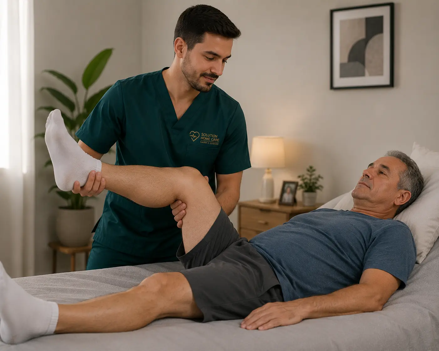 Fisioterapeuta auxiliando o paciente na fisioterapia